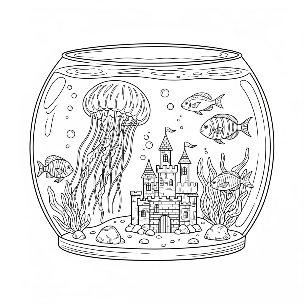 10+ Qualle Ausmalbilder (Gratis Malvorlage zum Ausdrucken) ausmalbild mit einer qualle im aquarium umgeben von kleinen fischen ideal für kinder quallen ausmalbilder kostenlos zum ausdrucken mit unterwasserwelt motiv