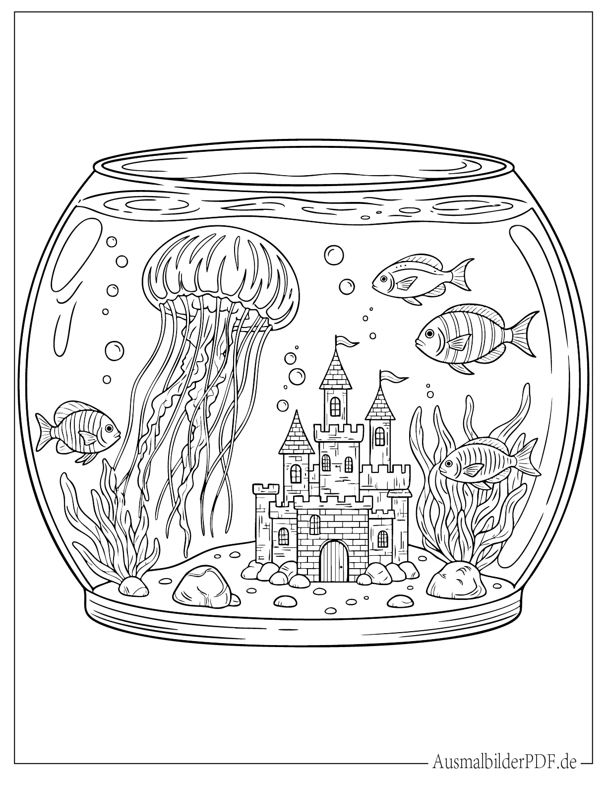 10+ Qualle Ausmalbilder (Gratis Malvorlage zum Ausdrucken) Qualle im Aquarium mit Schloss und Fischen Ausmalbild