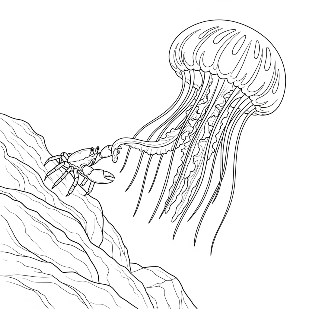 10+ Qualle Ausmalbilder (Gratis Malvorlage zum Ausdrucken) freundliche qualle hilft einem kleinen krebspartner am meeresgrund als ausmalbild für kinder quallen ausmalbilder kostenlos zum ausdrucken mit tierfreundschaft