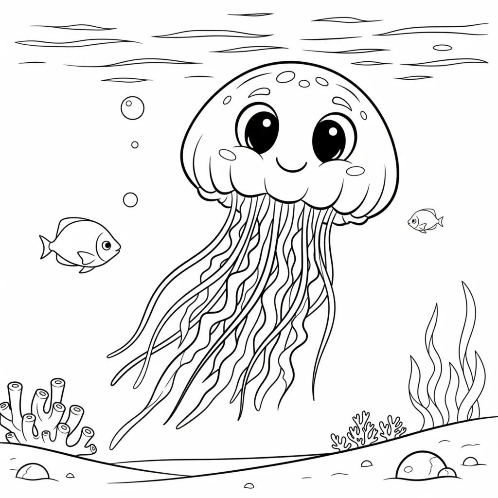 10+ Qualle Ausmalbilder (Gratis Malvorlage zum Ausdrucken) große qualle mit langen geschwungenen tentakeln als malvorlage kinderfreundlich und kostenlos ausdruckbar ideal für fans von quallen ausmalbildern