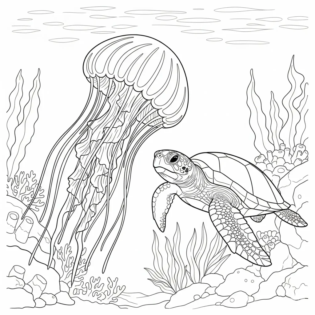 10+ Qualle Ausmalbilder (Gratis Malvorlage zum Ausdrucken) ausmalbild mit einer qualle und einer meeresschildkröte die gemeinsam durch das wasser schwimmen quallen ausmalbilder kostenlos für kinder zum drucken