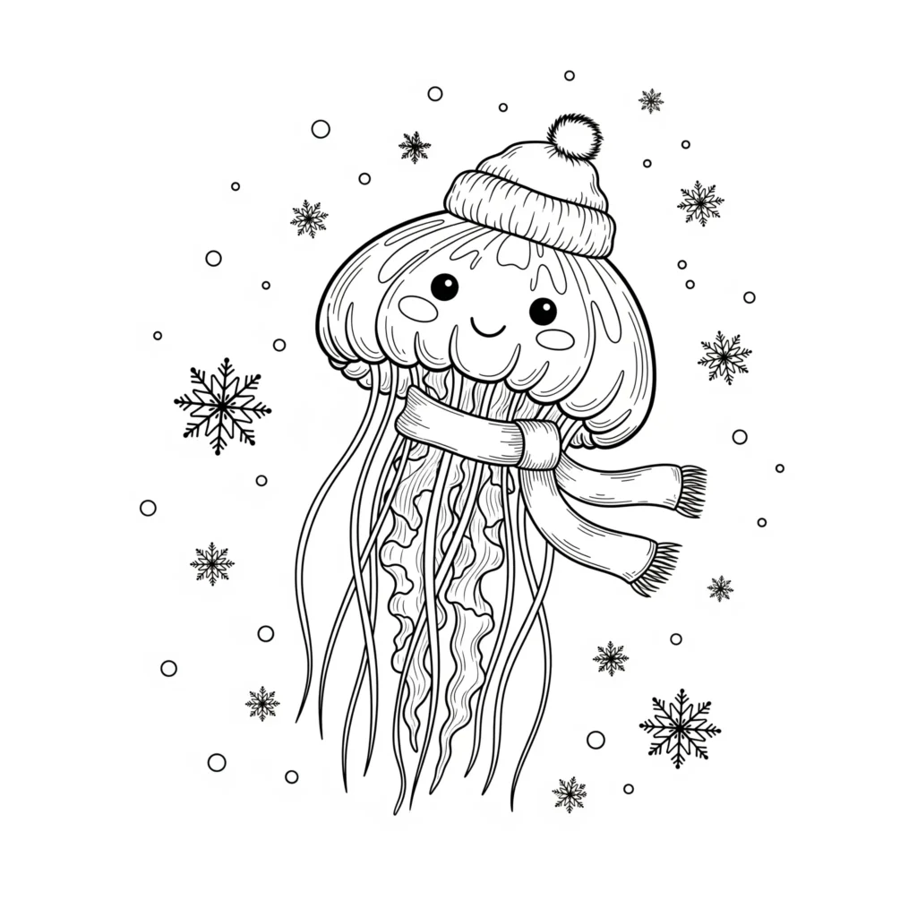 10+ Qualle Ausmalbilder (Gratis Malvorlage zum Ausdrucken) witzige qualle mit wintermuetze und schal als ausmalbild für kinder quallen ausmalbilder zum ausdrucken kostenlos mit winterlichem meeresmotiv gestalten