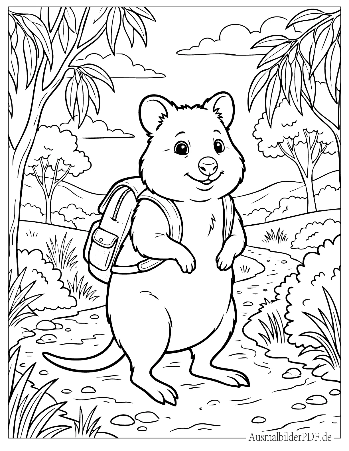 Abenteuerliches Quokka mit Rucksack in der Wildnis Ausmalbild
