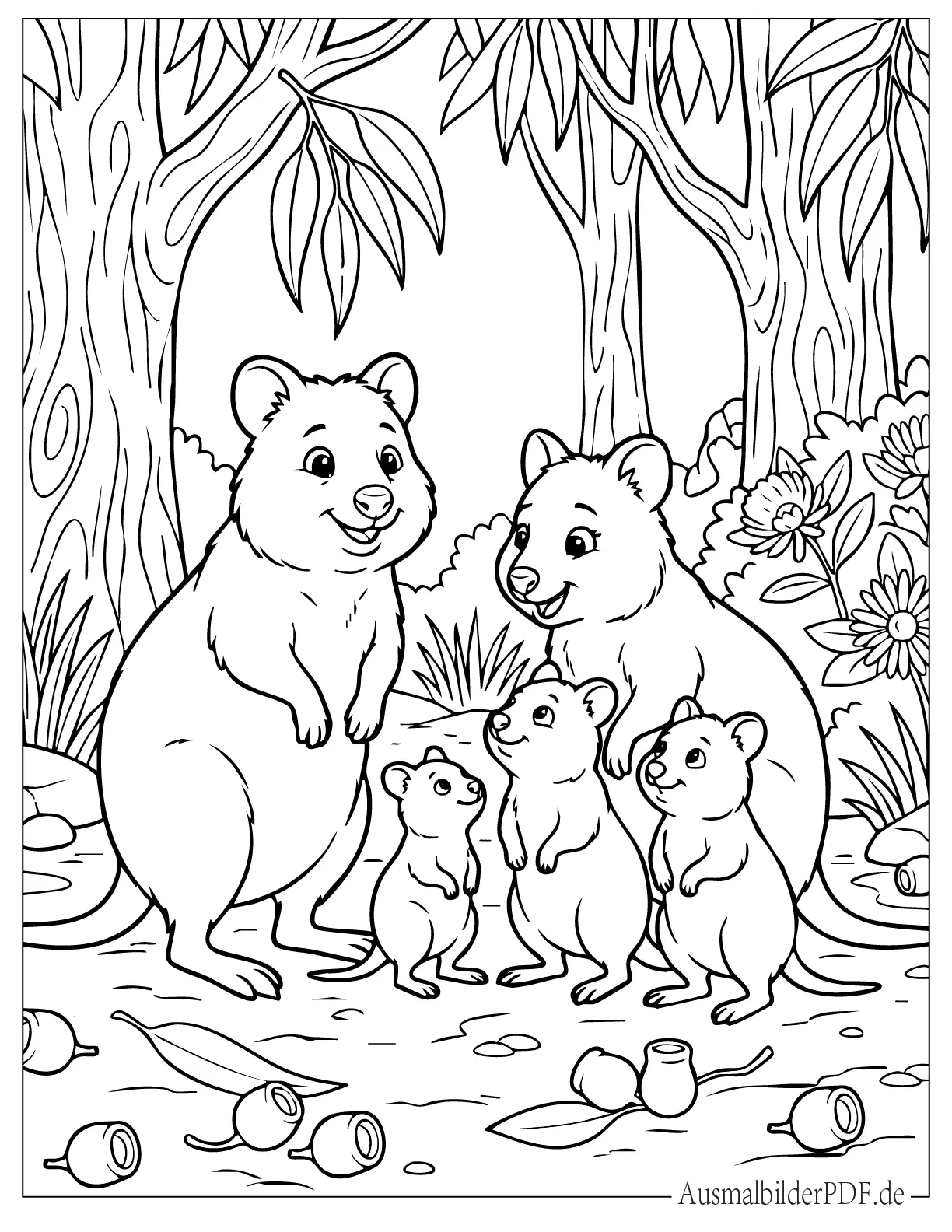 Glückliche Quokka Familie mit drei Babys in der Wildnis zum Ausmalen