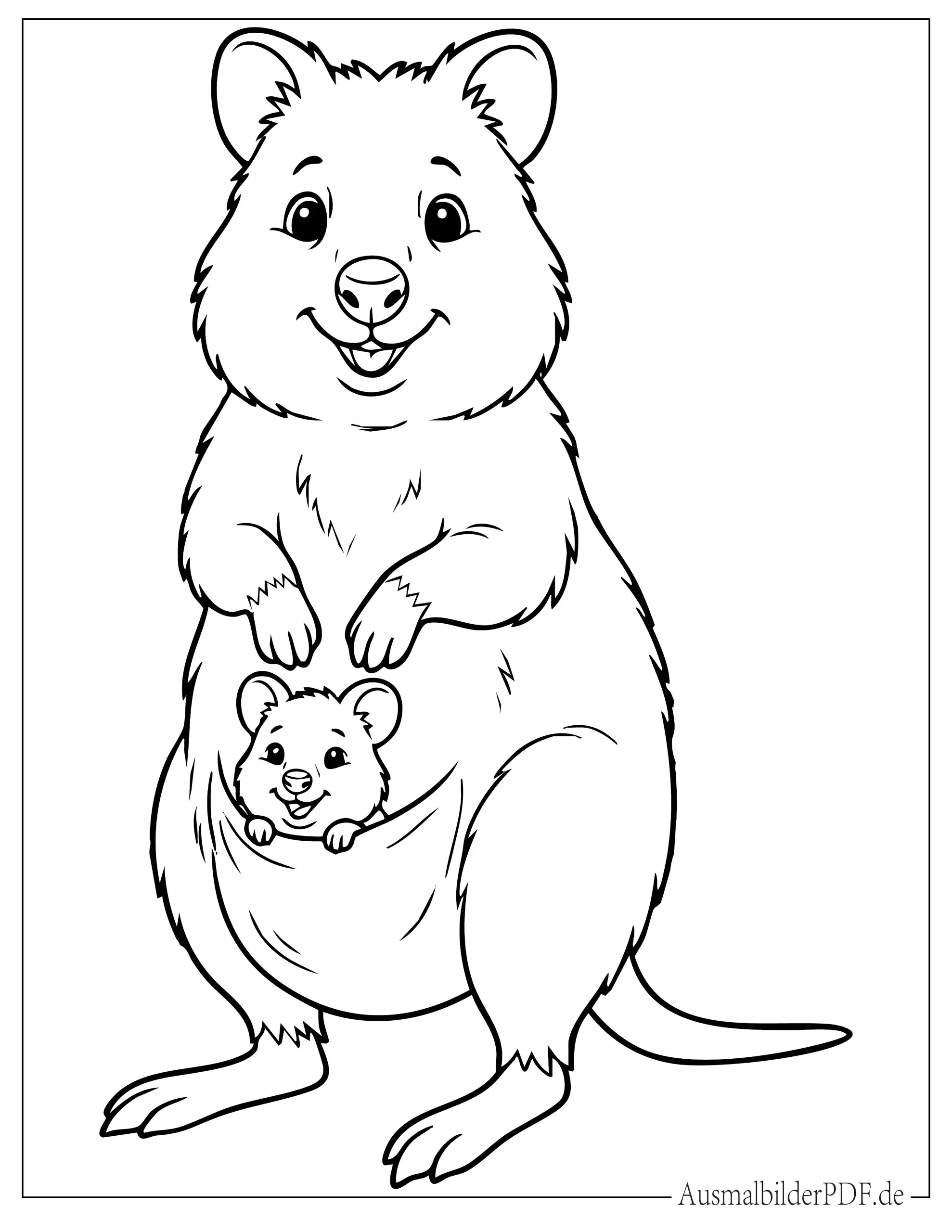 Realistische Quokka Mutter mit Baby im Beutel Ausmalbild