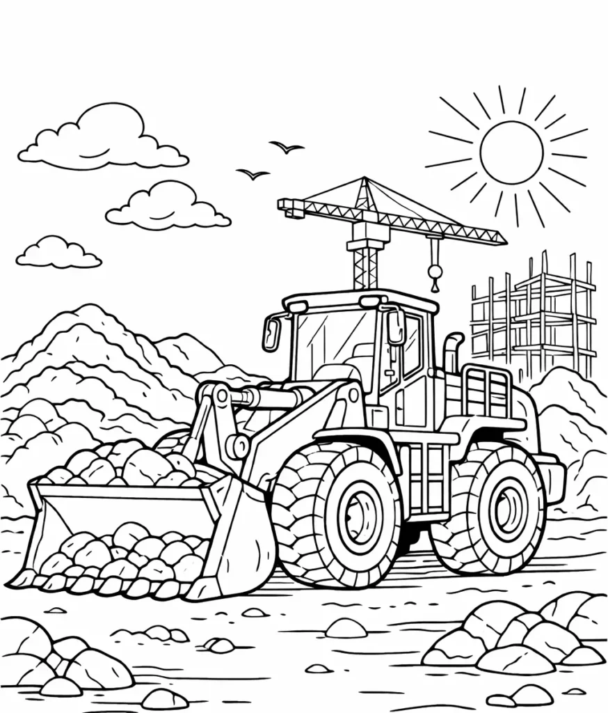 Detailliertes Radlader Ausmalbild für Kinder und Erwachsene, perfekt zum Ausdrucken und kreativ gestalten zu Hause oder in der Schule