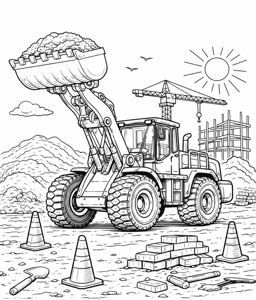 Radlader Druckvorlage auf Baustelle mit Kegeln, Ziegeln und Werkzeugen, perfekt zum Ausdrucken und Ausmalen für Kinder