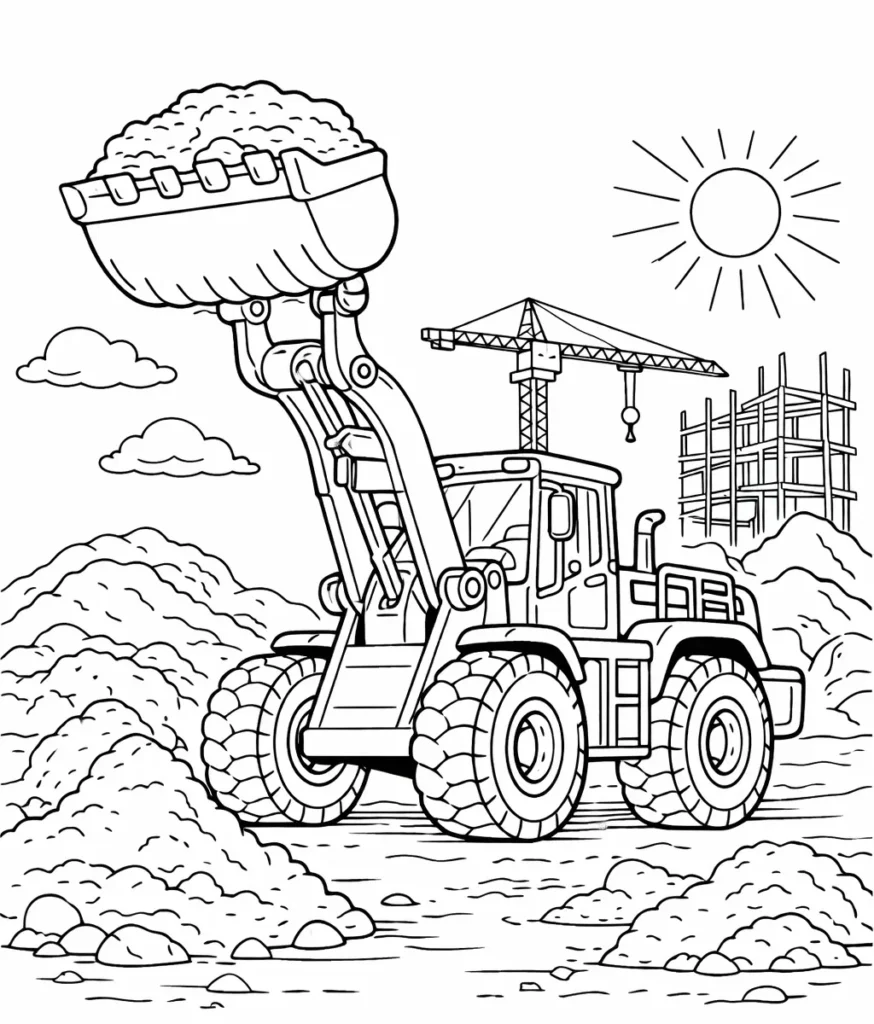 Radlader Ausmalblatt hebt Erde mit Schaufel über Erdhaufen, ideal zum Ausdrucken und Ausmalen für Kinder und Erwachsene