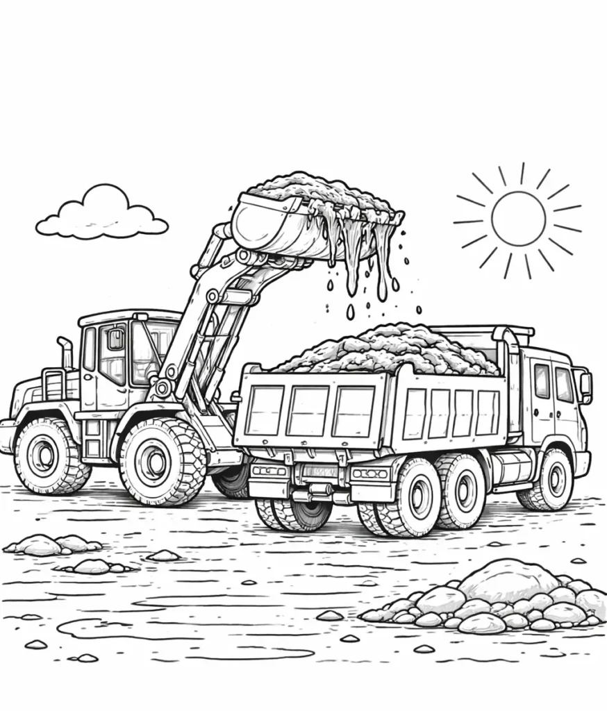Radlader beim Beladen eines Trucks mit Schlamm Malvorlage zum Ausdrucken und Ausmalen