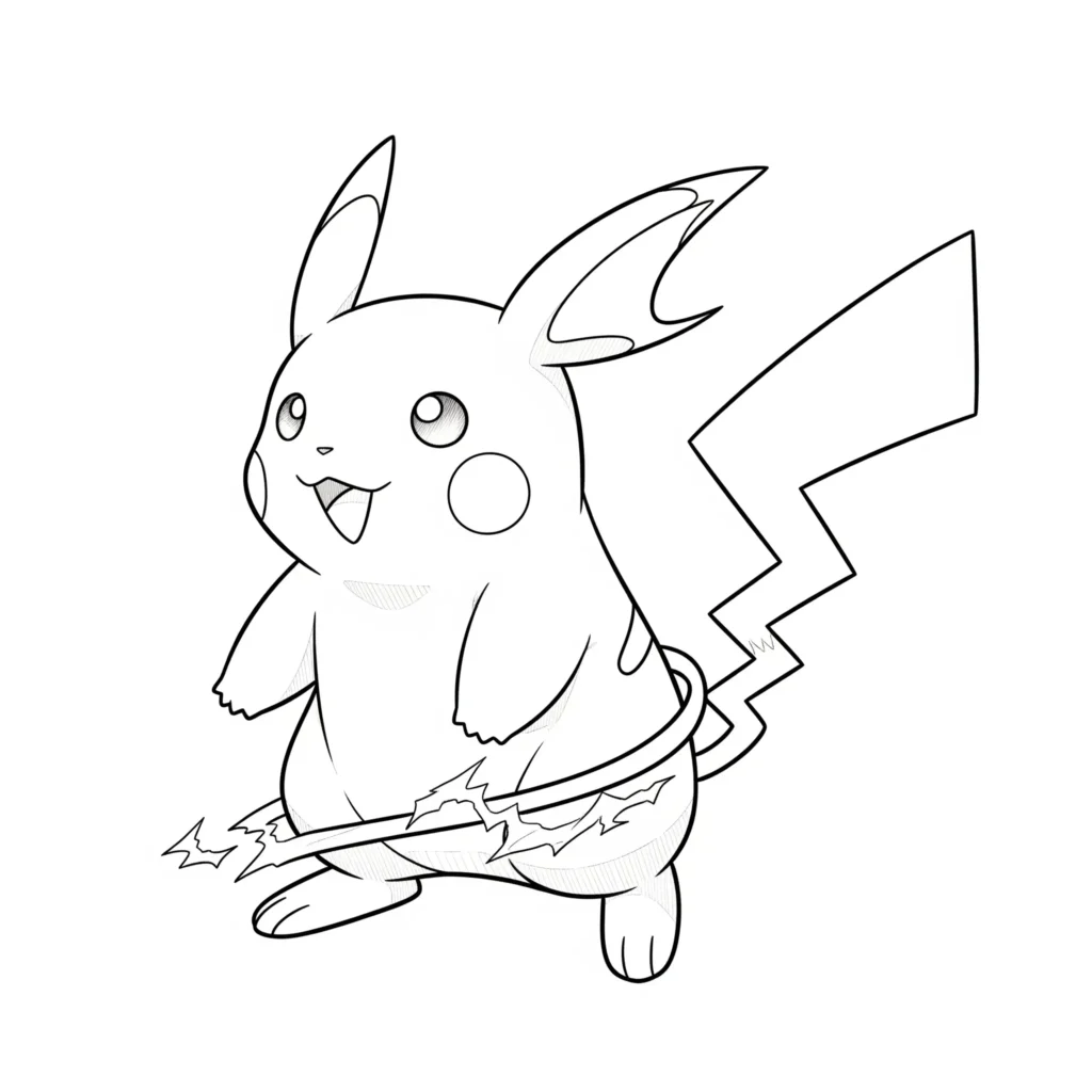 Malvorlage von Raichu, der zweiten Entwicklung von Pikachu, mit markanten Blitzen und starkem Schweif – ideal für Pokémon-Fans zum Ausmalen.