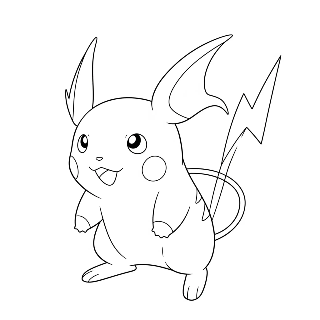 Ausmalbild von Raichu mit großen Ohren und elektrischem Schweif – das starke Pokémon zum Ausmalen für Kinder und Fans von Pikachu-Entwicklung.