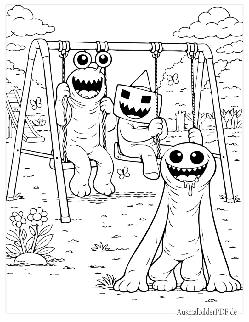 Ausmalbild von Rainbow Friend, der im Park spielt, perfekt für Kinder zum Drucken, Ausmalen und stundenlangen Spaß