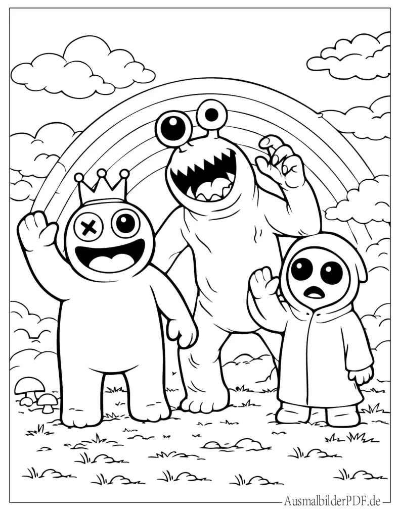 Malvorlage von Rainbow Friends Figuren in Blau, Grün und Rot, perfekt für Kinder zum Ausmalen