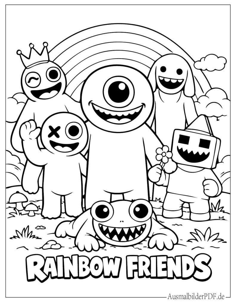 Ausmalbild von Rainbow Friends Figuren in bunten Farben, ideal für Kinder zum Ausdrucken und Ausmalen