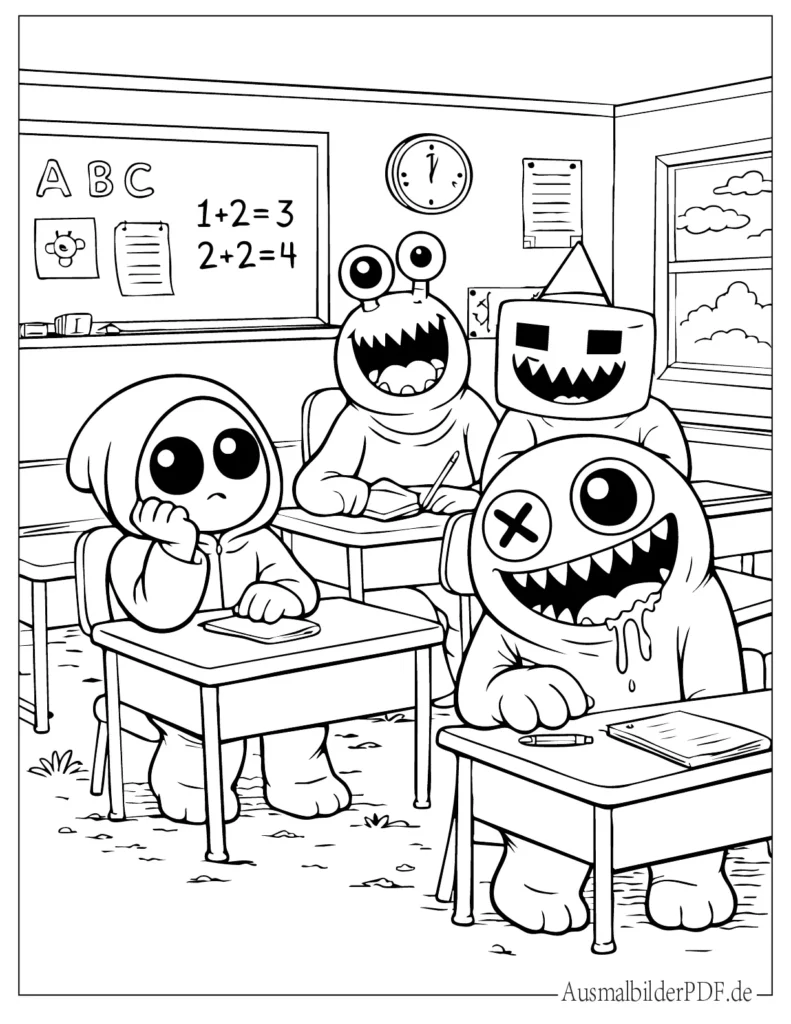 Ausmalbild von Rainbow Friends Figuren, die im Klassenzimmer sitzen, perfekt für Kinder zum Drucken und Ausmalen