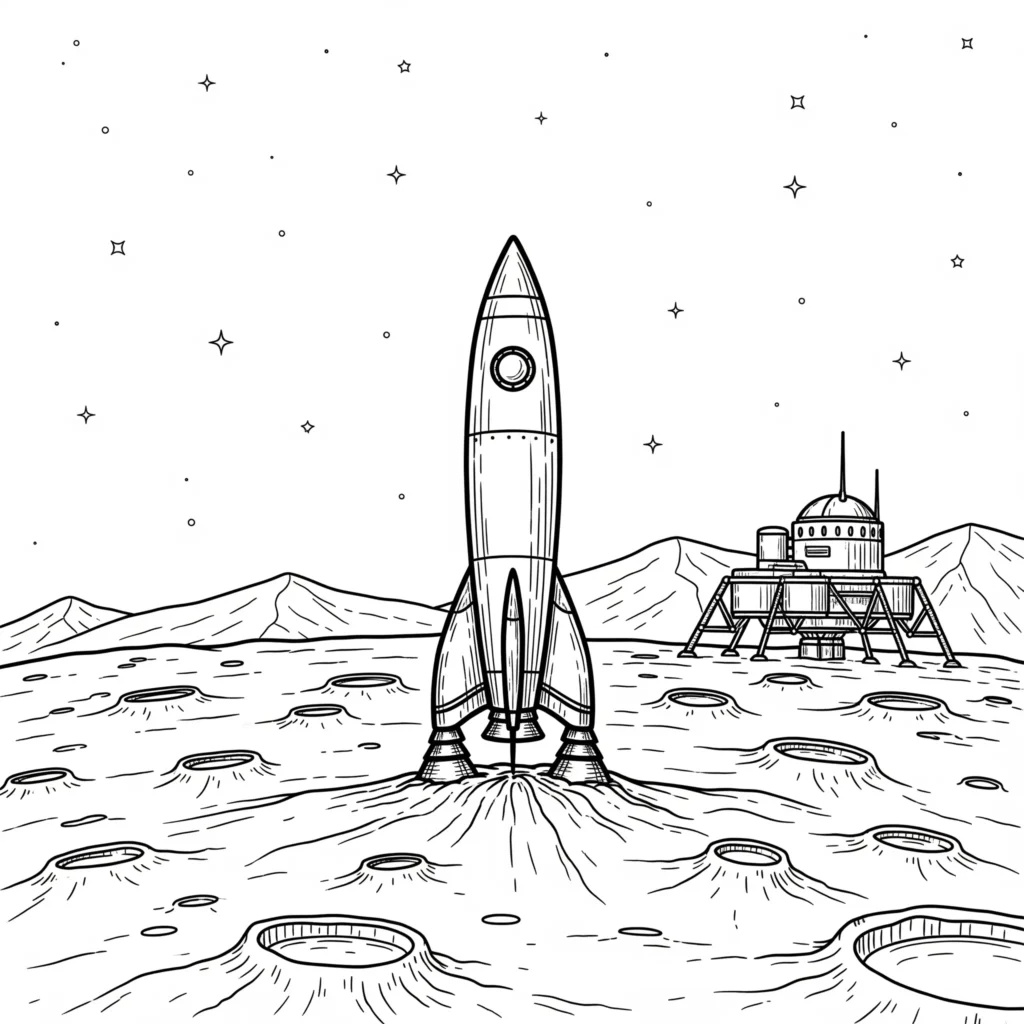 Rakete auf dem Mond, ideal für ein kreatives Ausmalbild für Kinder.