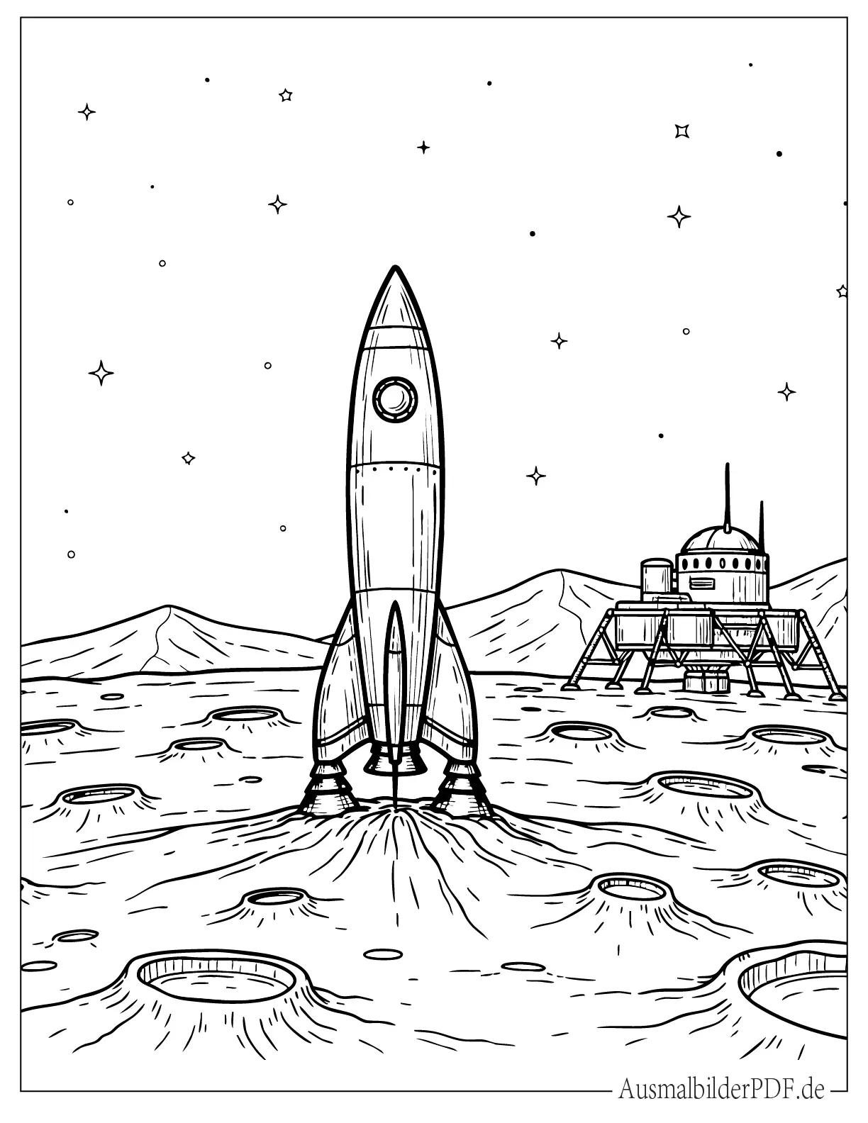 10+ Rakete Ausmalbilder (Kostenlos Malvorlagen zum drucken) Realistische Rakete auf der Mondoberfläche zum Ausmalen