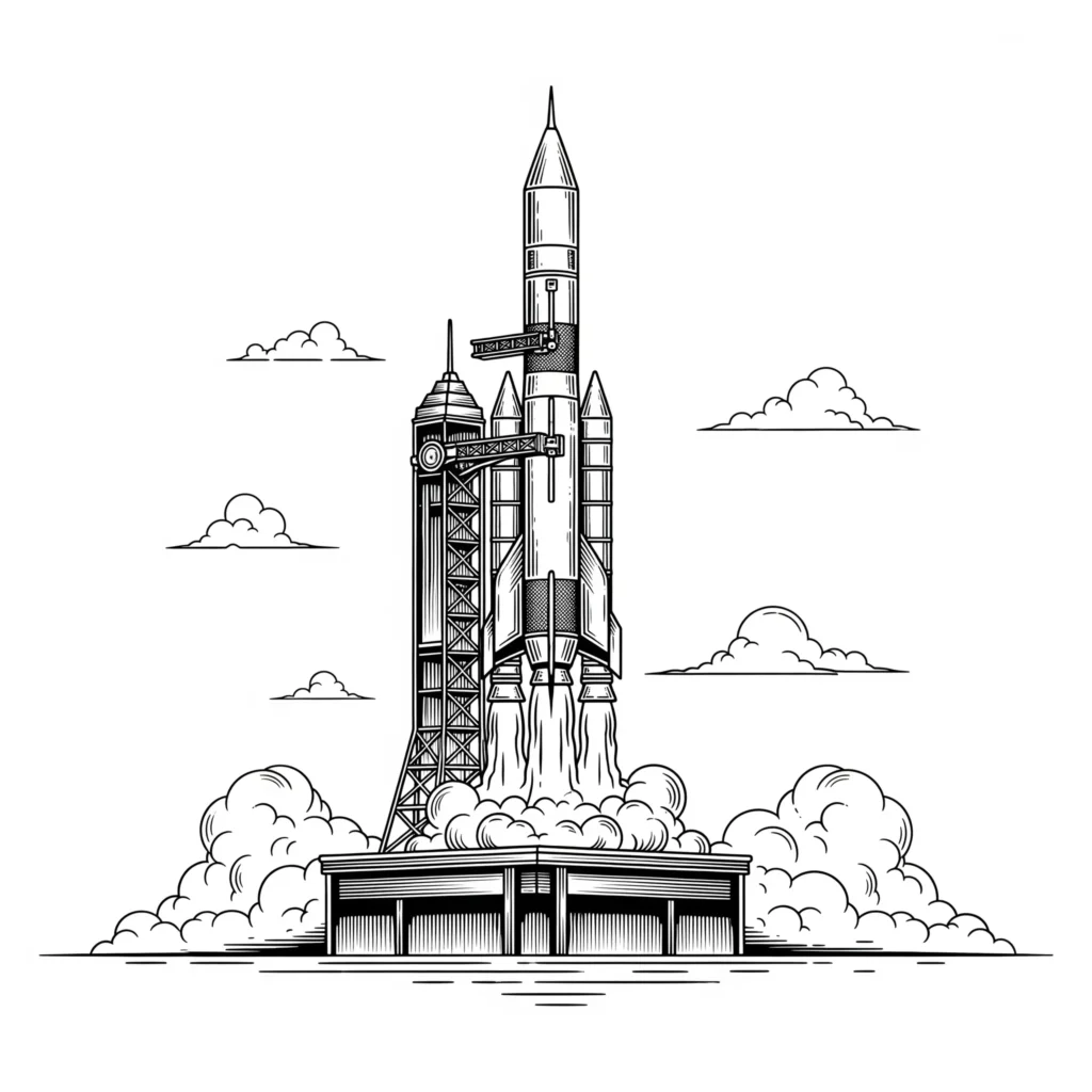 Rakete Ausmalbild für Kinder zum Ausdrucken und Ausmalen.