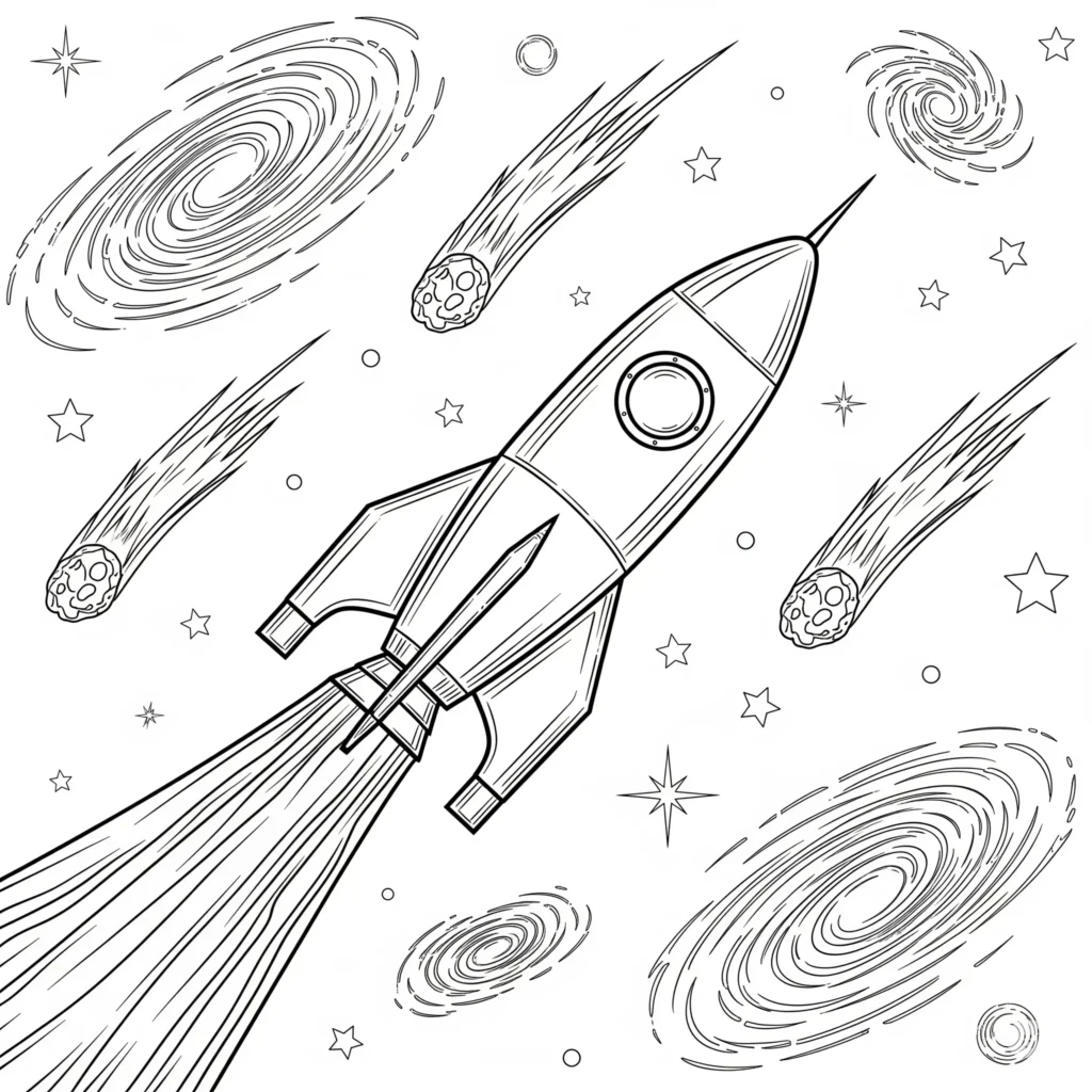 Rakete, die eine Galaxie erforscht, ideal für kreative Kinder, die den Weltraum lieben.