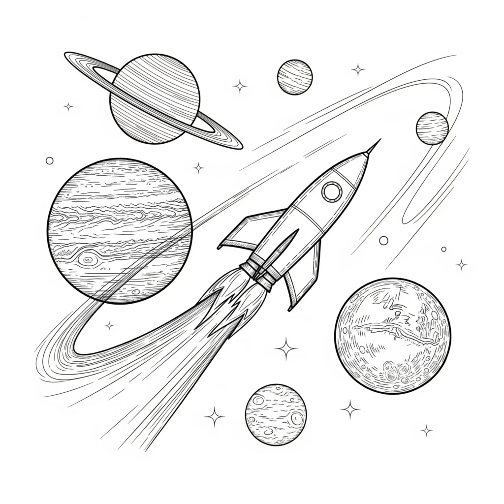 Rakete fliegt an Planeten vorbei, ideal für ein kreatives Ausmalbild.
