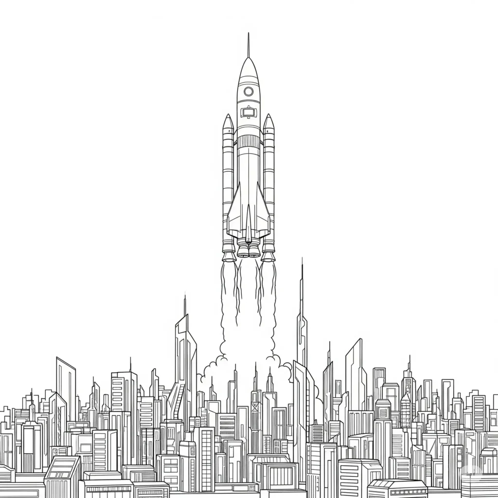 Rakete im Sci-Fi Stadt Startplatz, ideal für kreative Kinder, die futuristische Szenen mögen.