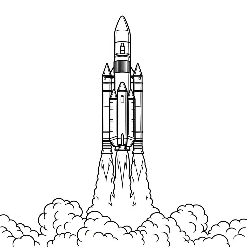 Rakete Malvorlage mit einer Rakete, die ins Weltall startet.
