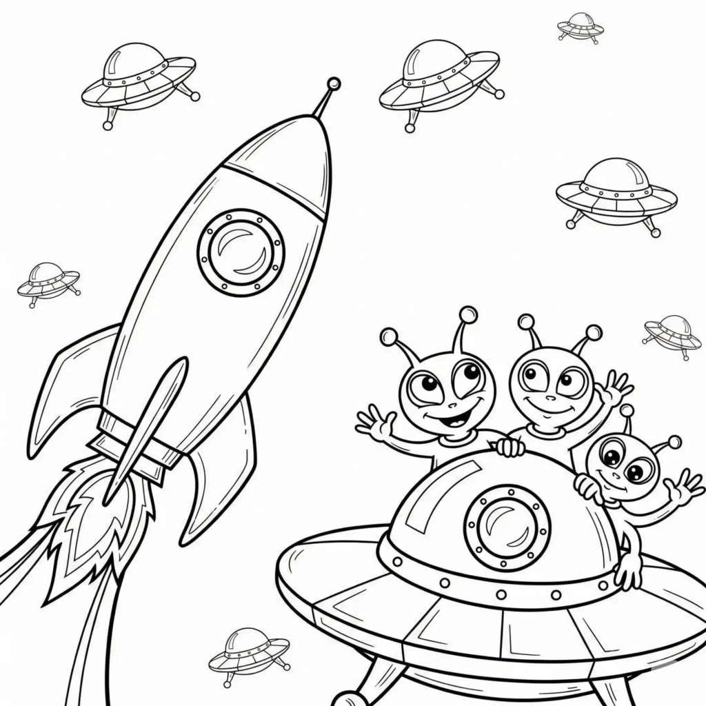 Rakete und Alien in einem Ausmalbild, ideal für kreative Kinder.