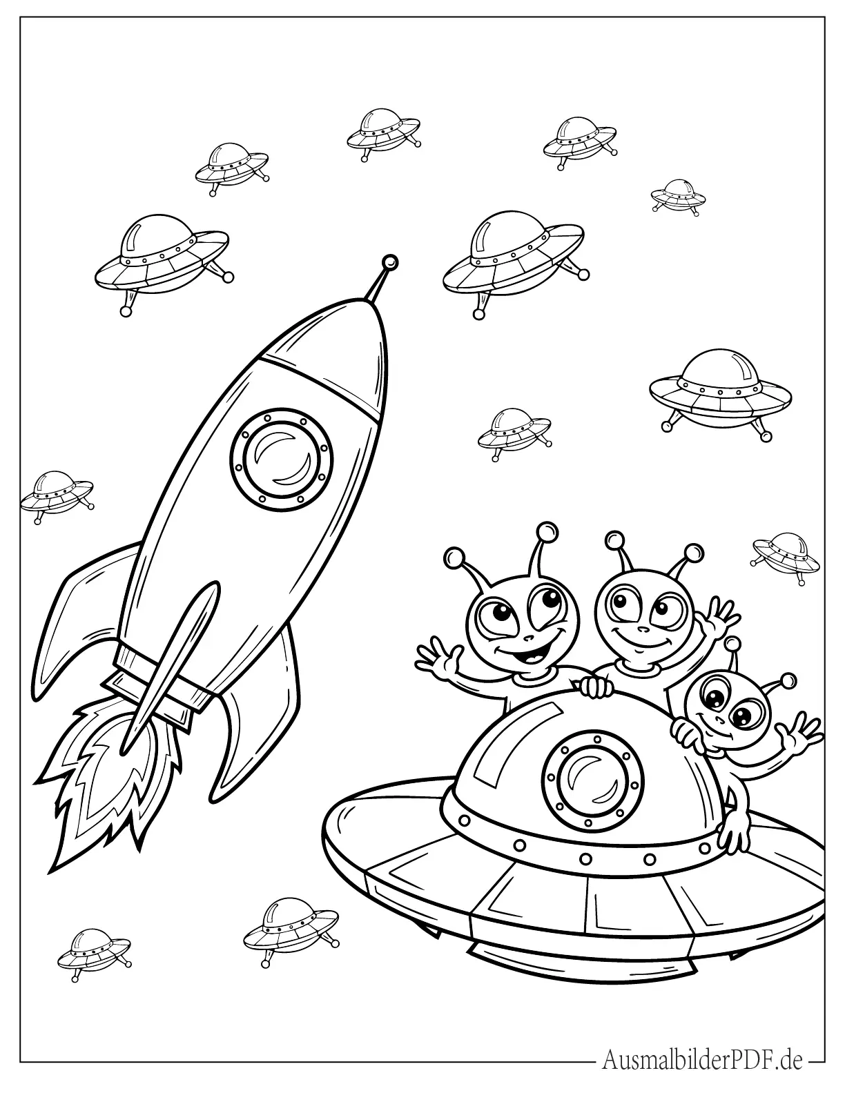 10+ Rakete Ausmalbilder (Kostenlos Malvorlagen zum drucken) Rakete fliegt an lustigem Alien Raumschiff vorbei Ausmalbild