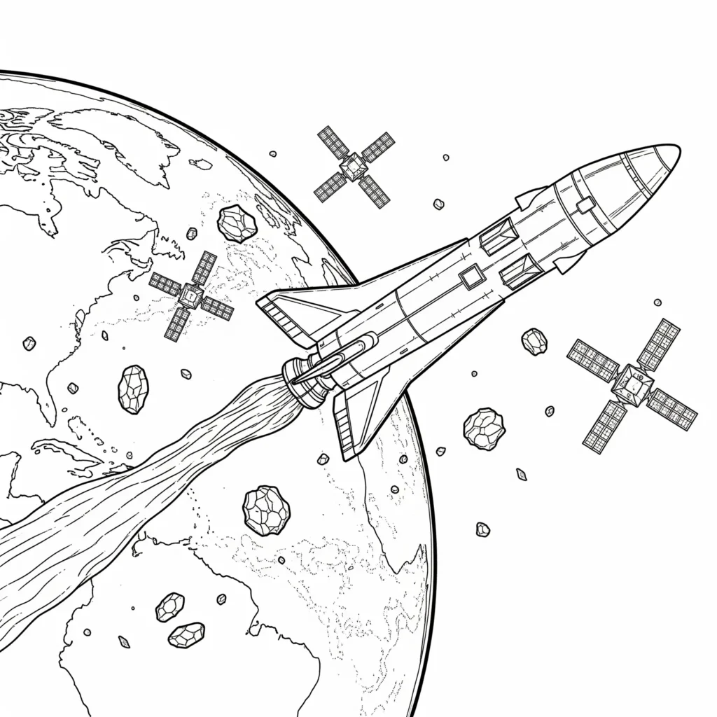 Rakete und Satellit im Orbit, ideal für ein kreatives Ausmalbild für Kinder.