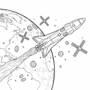 Rakete und Satellit im Orbit, ideal für ein kreatives Ausmalbild für Kinder.