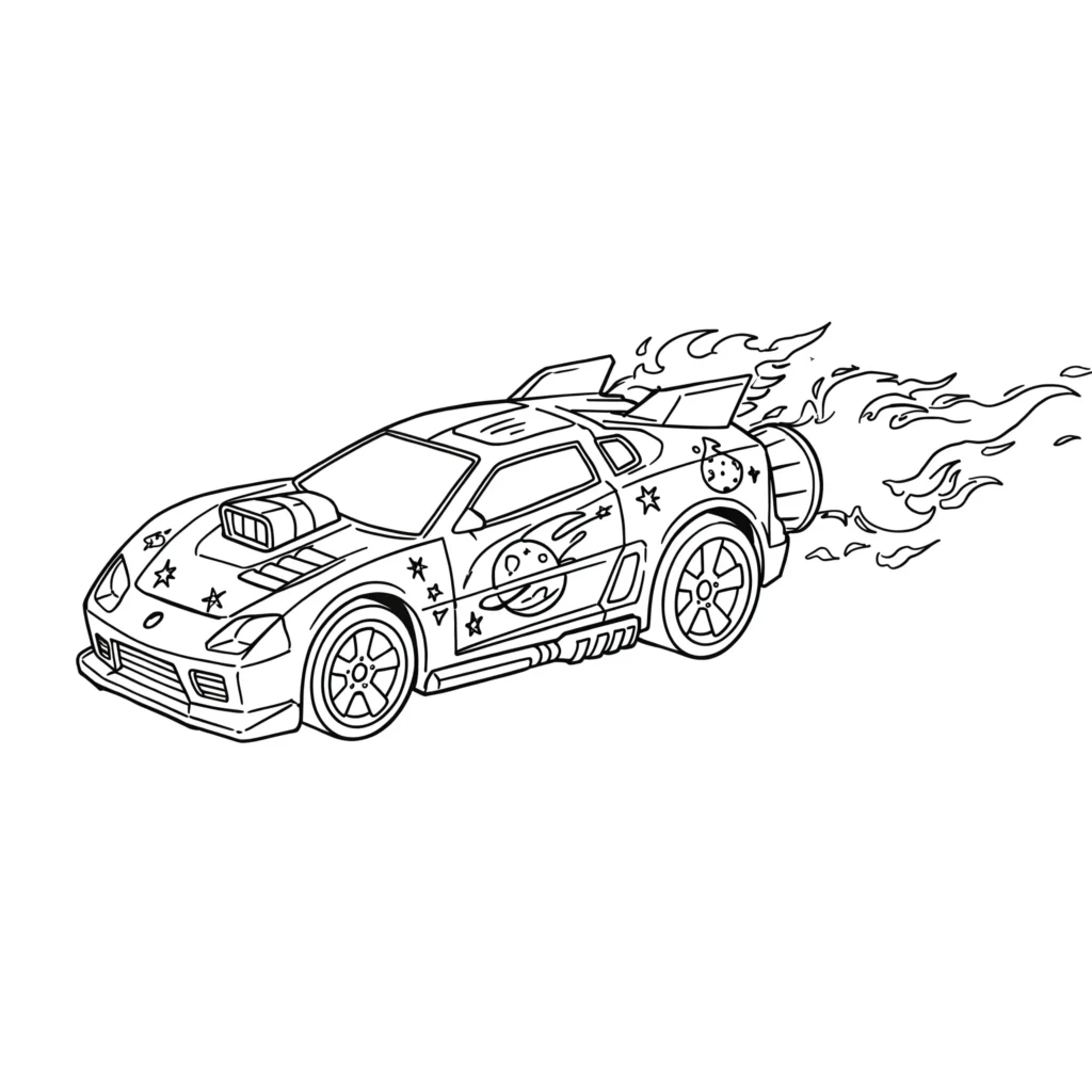 Hot Wheels Raketenauto Ausmalbild mit Flammen, die aus dem Heck schießen