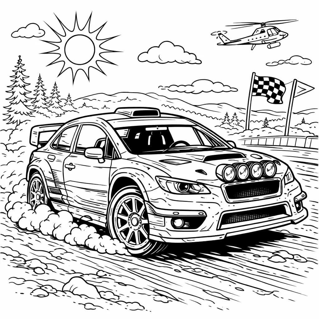 Detailliertes Rally Auto wirbelt Staub auf einer Strecke in diesem Ausmalbild für Kinder und Erwachsene