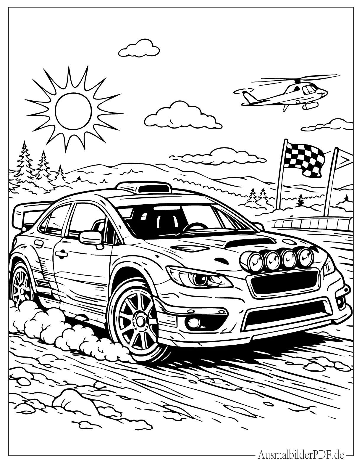 140 Auto Ausmalbilder (Gratis Malvorlagen zum Ausdrucken) Rallyeauto in Aktion Malvorlage