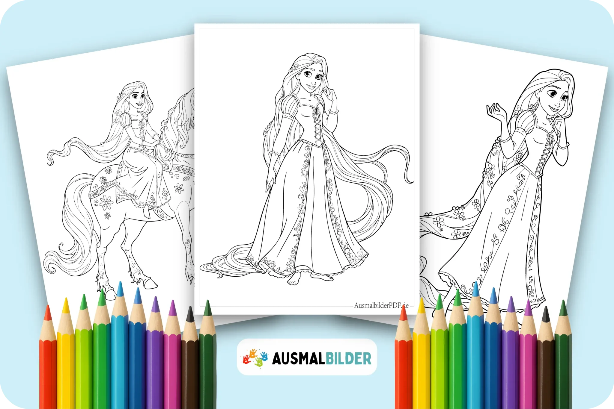 Langhaarige Prinzessin Rapunzel Ausmalbilder für kleine Märchenfans