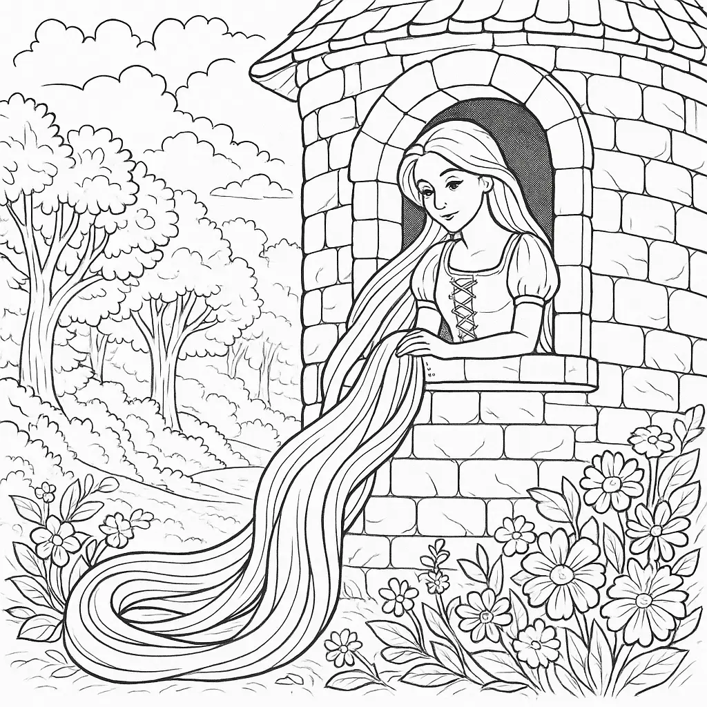 Kostenloses Rapunzel Ausmalbild: Prinzessin lässt ihr langes Haar aus dem Turm – einfache Malvorlage zum Ausdrucken