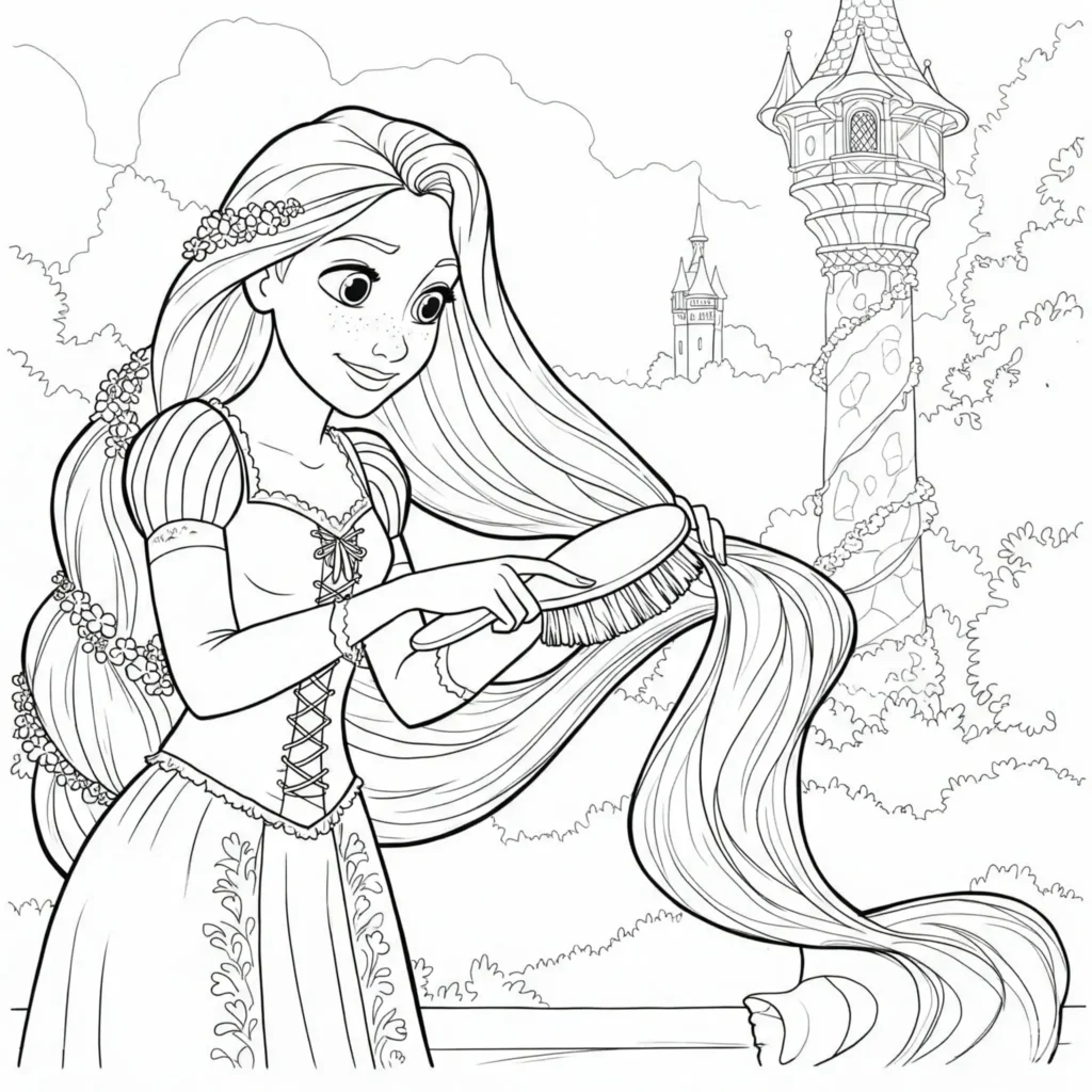 Kostenloses Rapunzel Ausmalbilder Prinzessin bürstet ihr langes Haar – einfache Malvorlage zum Ausdrucken