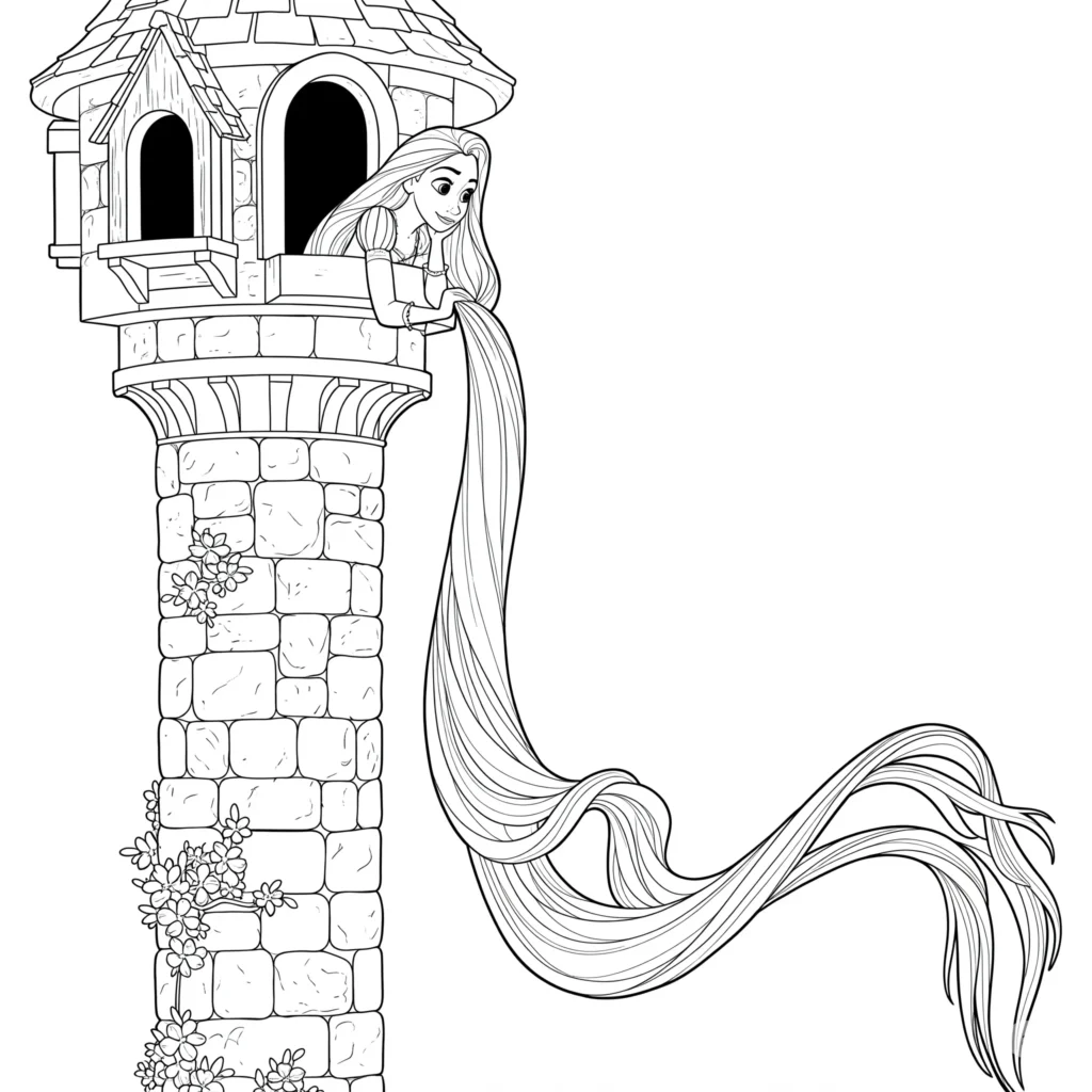 Rapunzel Malvorlage Prinzessin lässt ihr langes Haar vom Turm herunter – kostenlose Malvorlage zum Ausdrucken