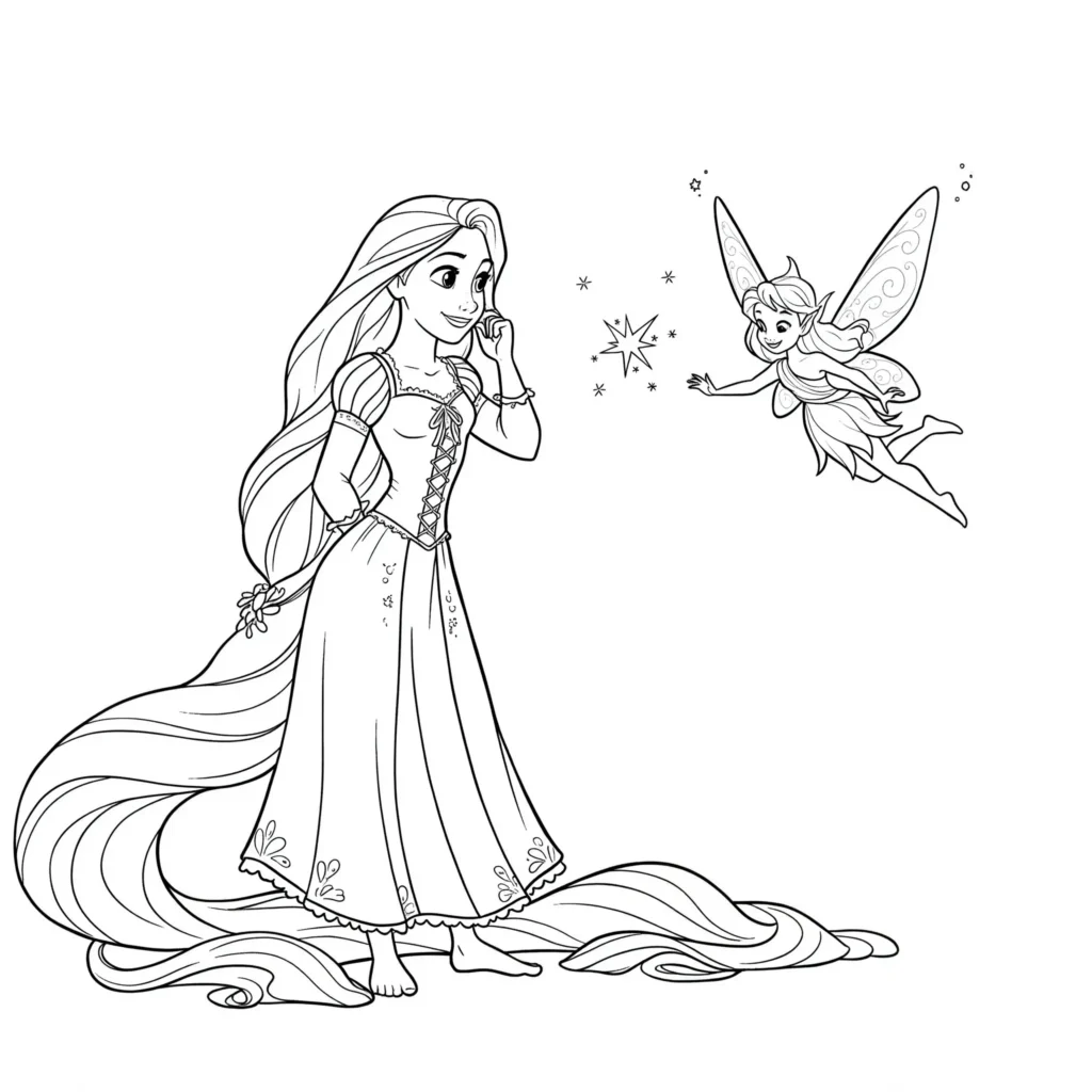 Ausmalbild von Rapunzel mit einer fliegenden Fee im Zauberwald – Rapunzel Ausmalbilder kostenlos zum Ausdrucken