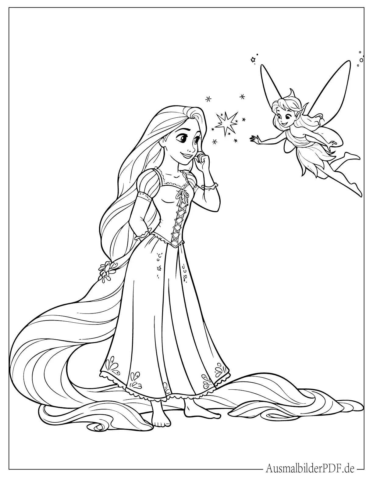 10+ Ausmalbilder Rapunzel (Gratis Malvorlagen zum Ausdrucken) Niedliche Rapunzel mit einem Feen Begleiter Ausmalbild