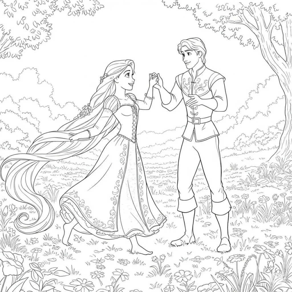 Rapunzel und der Prinz tanzen Ausmalbild zum Ausdrucken – Malvorlage für Kinder und Disney-Fans