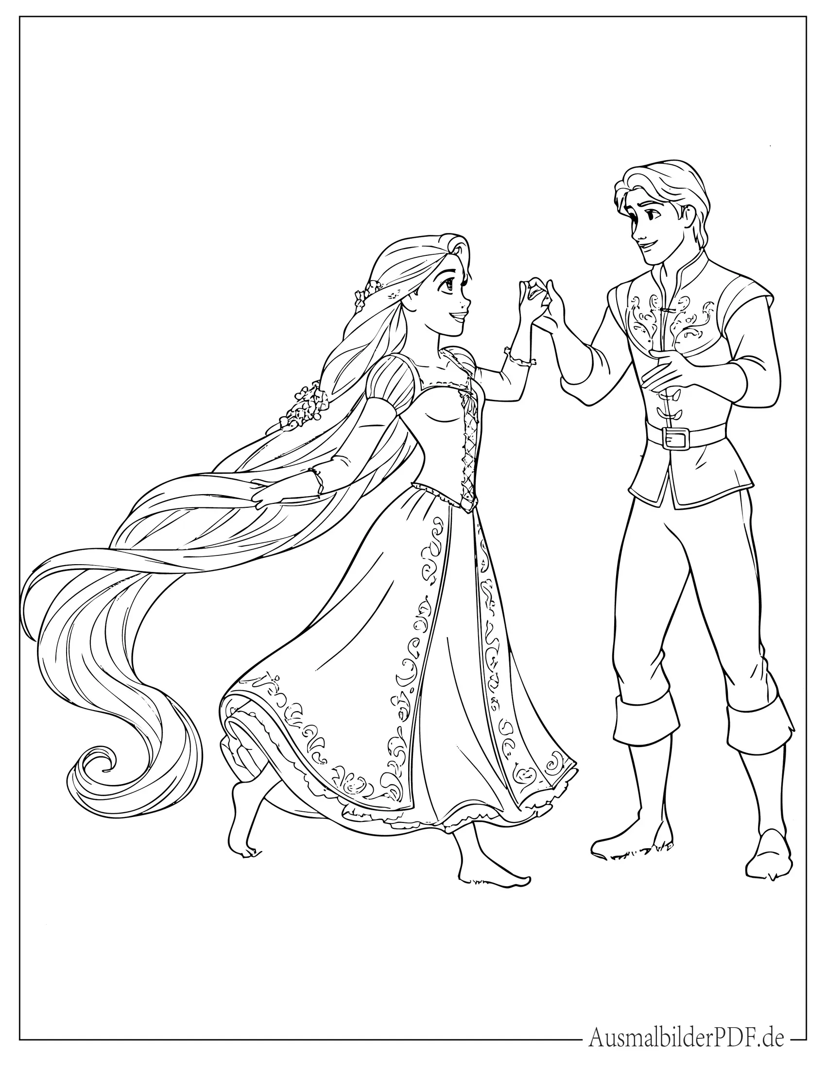 10+ Ausmalbilder Rapunzel (Gratis Malvorlagen zum Ausdrucken) Rapunzel mit langen Haaren tanzt mit dem Prinzen Ausmalbild