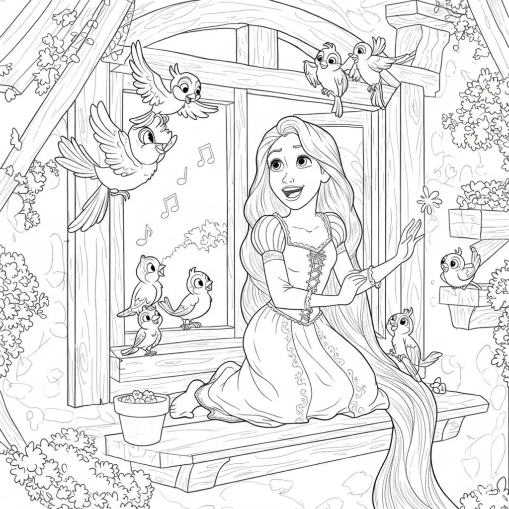 Kostenloses Rapunzel Ausmalbild: Prinzessin singt mit kleinen Vögeln am Fenster, ideal zum Ausdrucken und Ausmalen