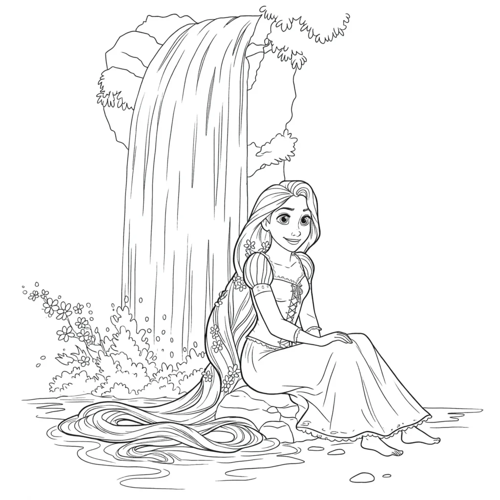Rapunzel Malvorlage kostenlos zum Ausdrucken – sitzt entspannt neben Wasserfall
