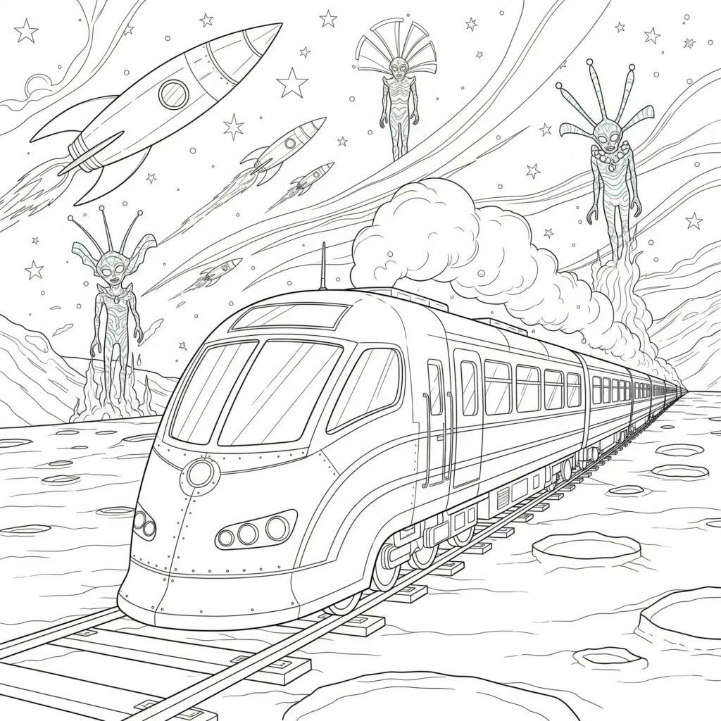 Ausmalbild eines Raumzugs auf einer Mondbahn zum Ausdrucken und Ausmalen für Kinder mit Weltraumthema