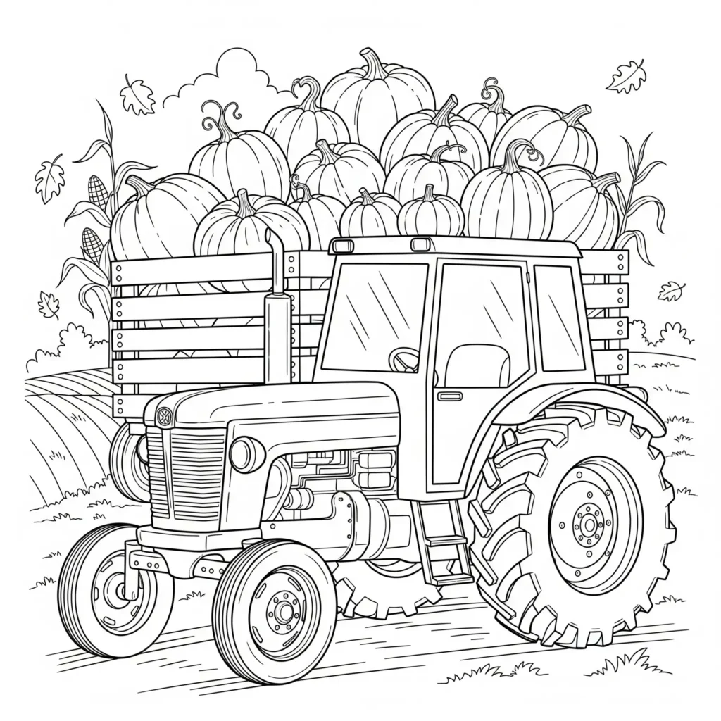Ausmalbild eines realistischen Traktors, der Kürbisse transportiert, ideal zum Ausdrucken und Ausmalen für Kinder