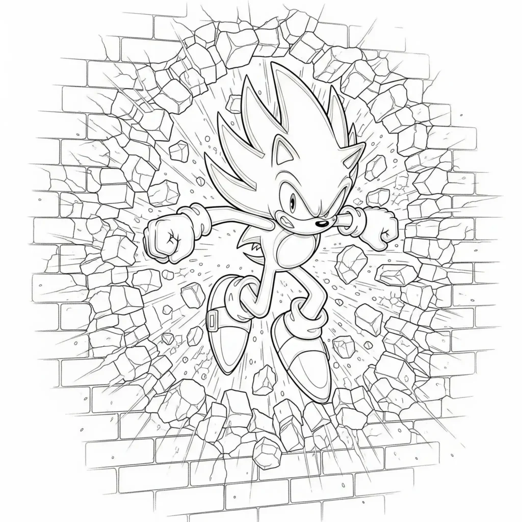 Realistisches Super Sonic Ausmalbild zeigt Super Sonic beim Durchbrechen einer Wand als PDF Vorlage für Kinder