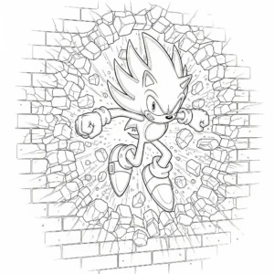 Realistisches Super Sonic Ausmalbild zeigt Super Sonic beim Durchbrechen einer Wand als PDF Vorlage für Kinder