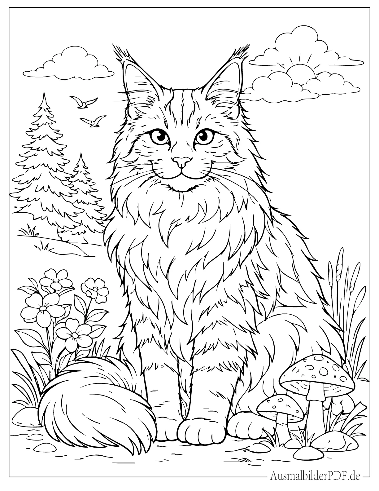 Realistische Maine Coon Katze sitzt in der Wildnis Malvorlage