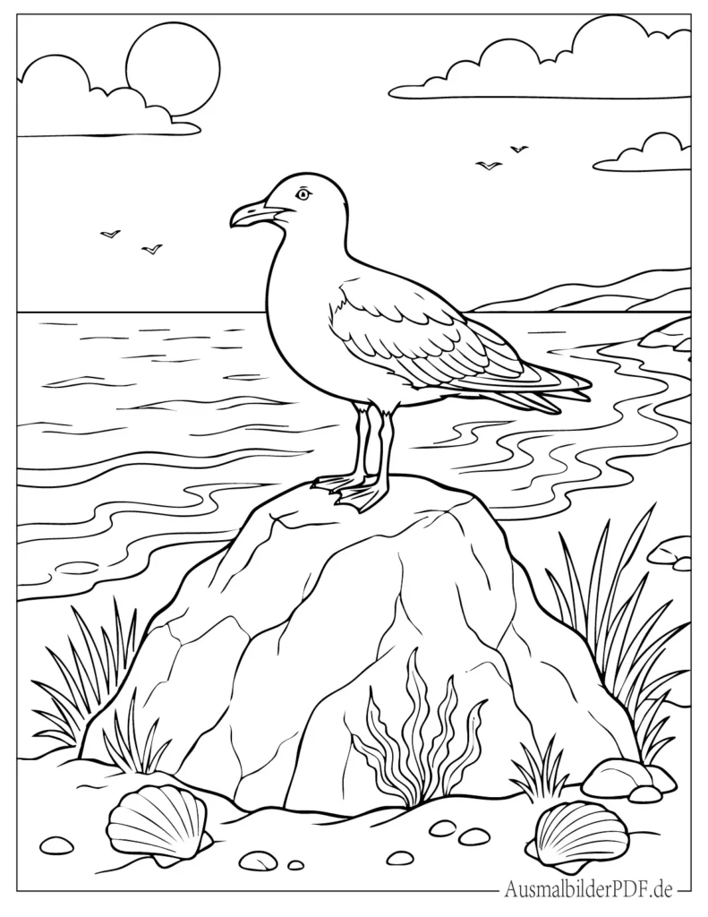 Realistische Möwe sitzt auf einem Felsen zum Ausmalen