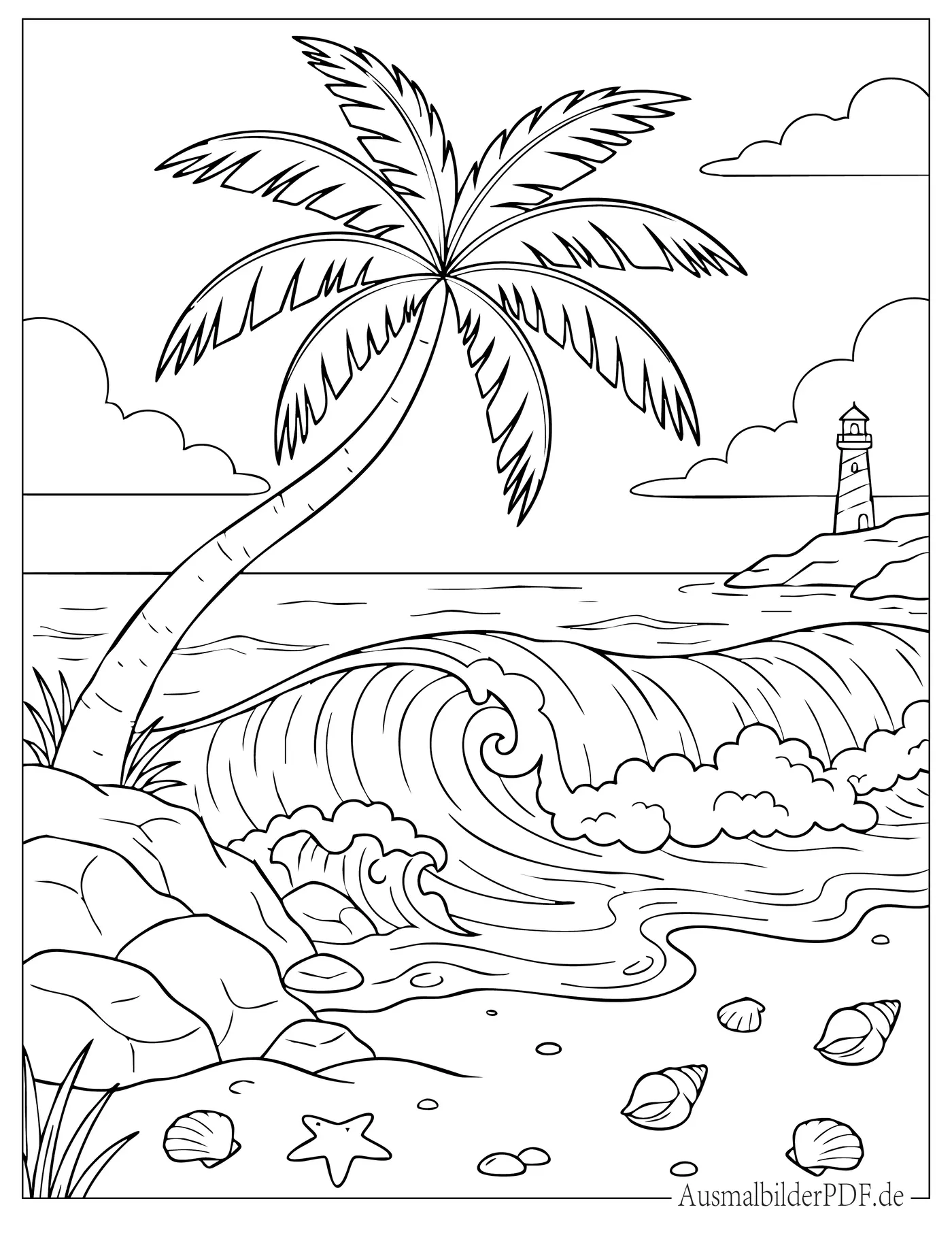 Realistische Palme und Meereswellen Ausmalbild zum Ausdrucken